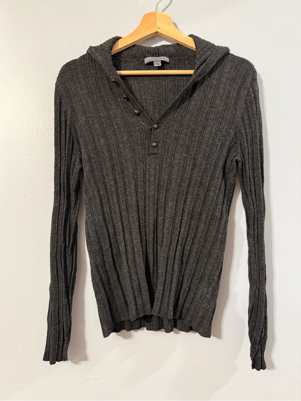 John Varvatos Men’s 100% Wool Charcoal Ribbed Henley Hoodie Sweater